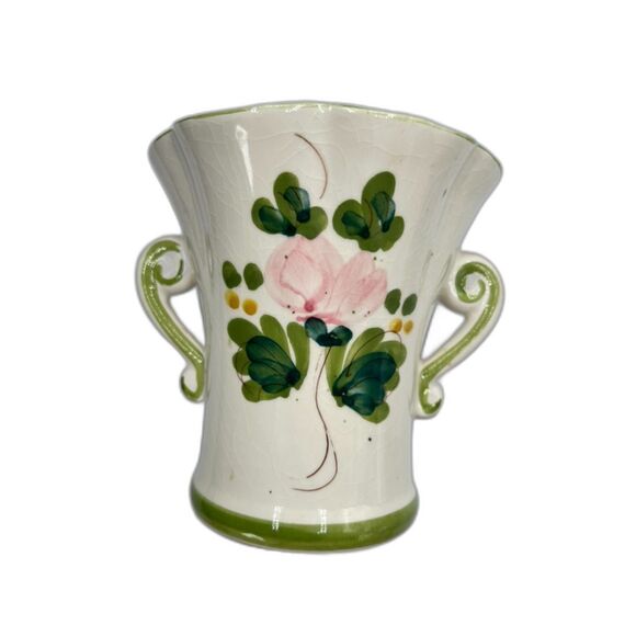 Handpainted in Portugal Vase in Pink, Green, Cream Two Handles Gorgeous! - Picture 4 of 7